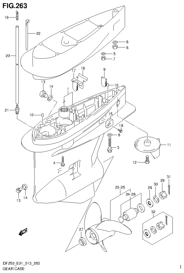 Suzuki DF200T, DF200Z, DF225T, DF225Z, DF250T, DF250Z GEAR CASE (DF200T E1) parts diagram